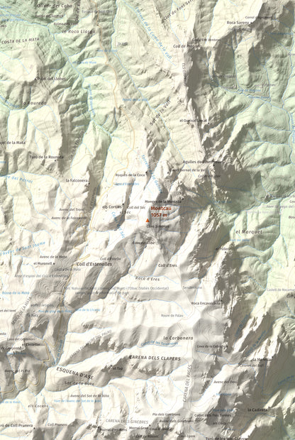 Mapa de relieve de Montcau, 1057 m, Bages · Vallès Occidental, lámina 100 Cims de Trobart. Detalle de la zona central. 61 × 91 cm.