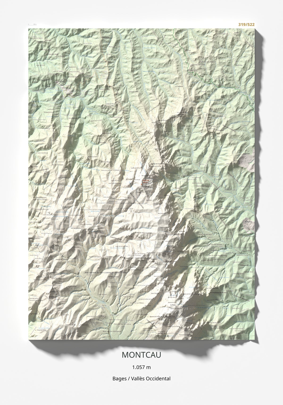 Mapa de relieve de Montcau, 1057 m, Bages · Vallès Occidental, lámina 100 Cims de Trobart 70 × 100 cm.