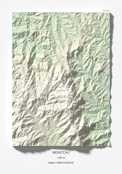 Mapa de relieve de Montcau, 1057 m, Bages · Vallès Occidental, lámina 100 Cims de Trobart 70 × 100 cm.