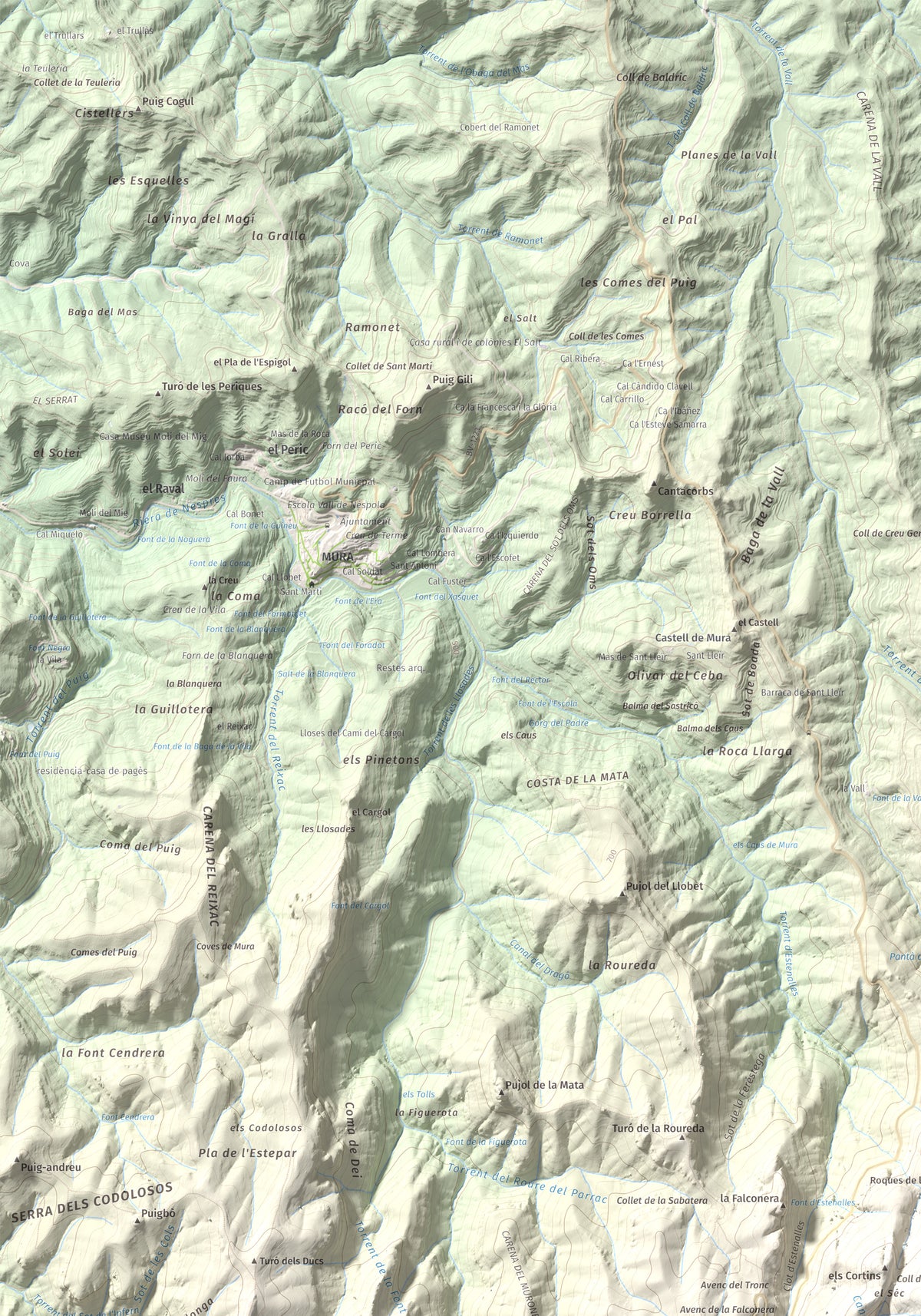 Mapa de relieve de Montcau, 1057 m, Bages · Vallès Occidental, lámina 100 Cims de Trobart. Detalle de la zona superior izquierda. 70 × 100 cm.