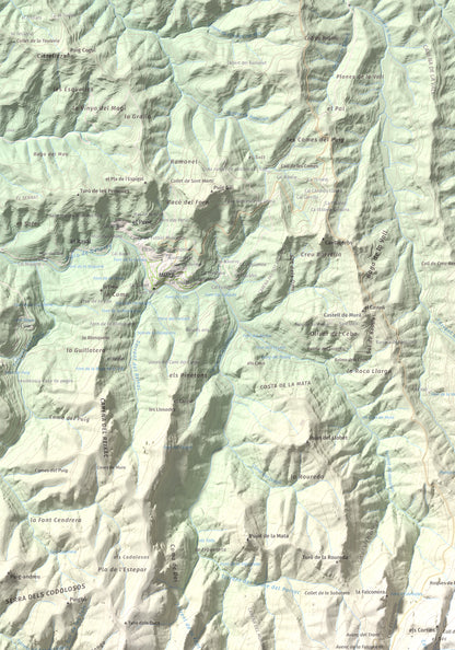 Mapa de relieve de Montcau, 1057 m, Bages · Vallès Occidental, lámina 100 Cims de Trobart. Detalle de la zona superior izquierda. 70 × 100 cm.
