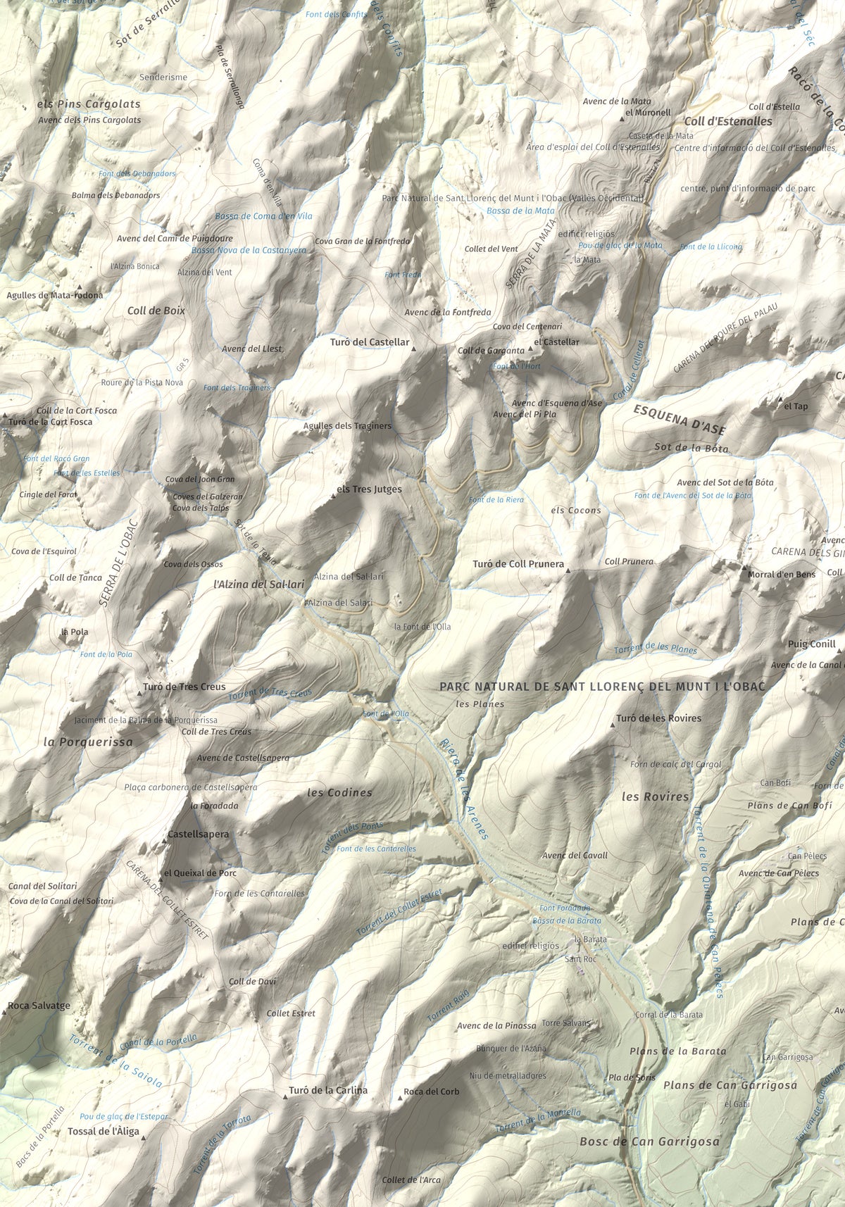Mapa de relieve de Montcau, 1057 m, Bages · Vallès Occidental, lámina 100 Cims de Trobart. Detalle de la zona inferior izquierda. 70 × 100 cm.