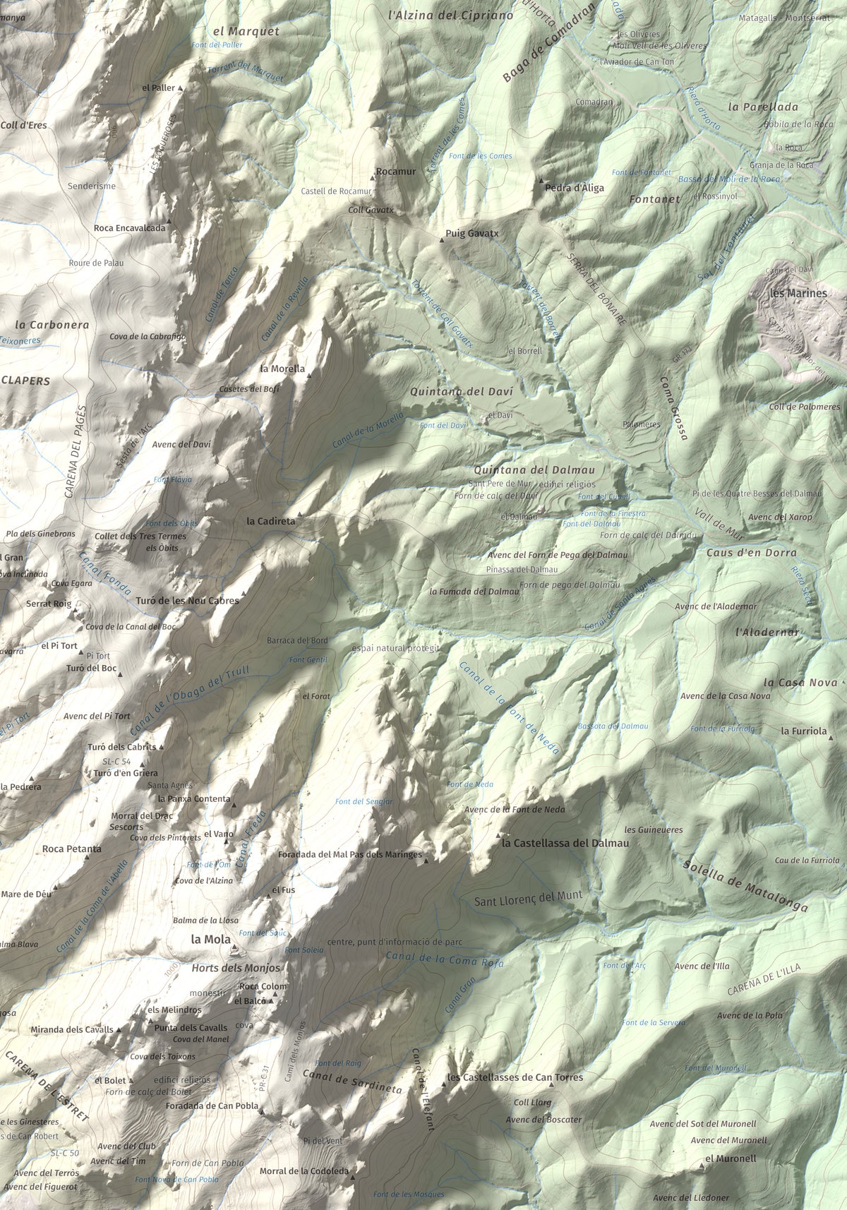 Mapa de relieve de Montcau, 1057 m, Bages · Vallès Occidental, lámina 100 Cims de Trobart. Detalle de la zona inferior derecha. 70 × 100 cm.