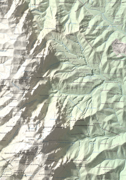 Mapa de relieve de Montcau, 1057 m, Bages · Vallès Occidental, lámina 100 Cims de Trobart. Detalle de la zona inferior derecha. 70 × 100 cm.