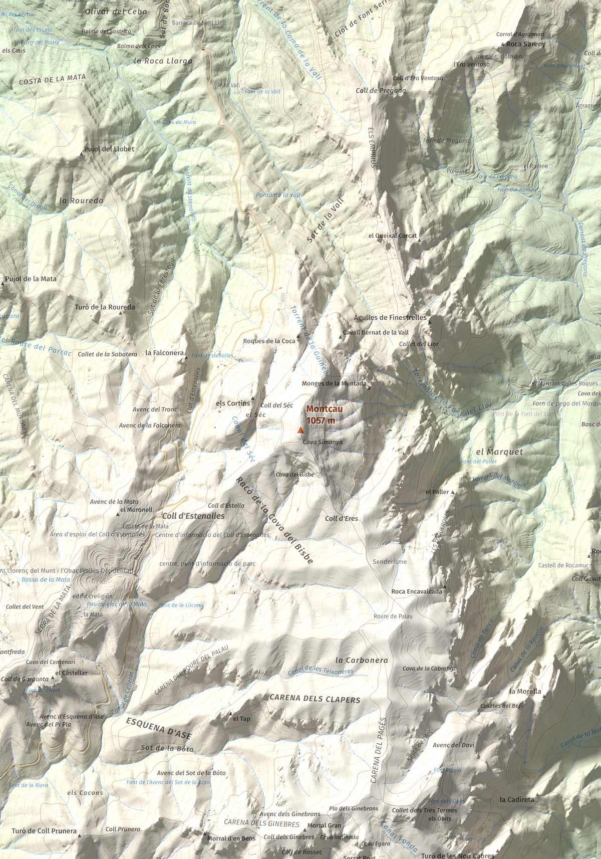 Mapa de relieve de Montcau, 1057 m, Bages · Vallès Occidental, lámina 100 Cims de Trobart. Detalle de la zona central. 70 × 100 cm.