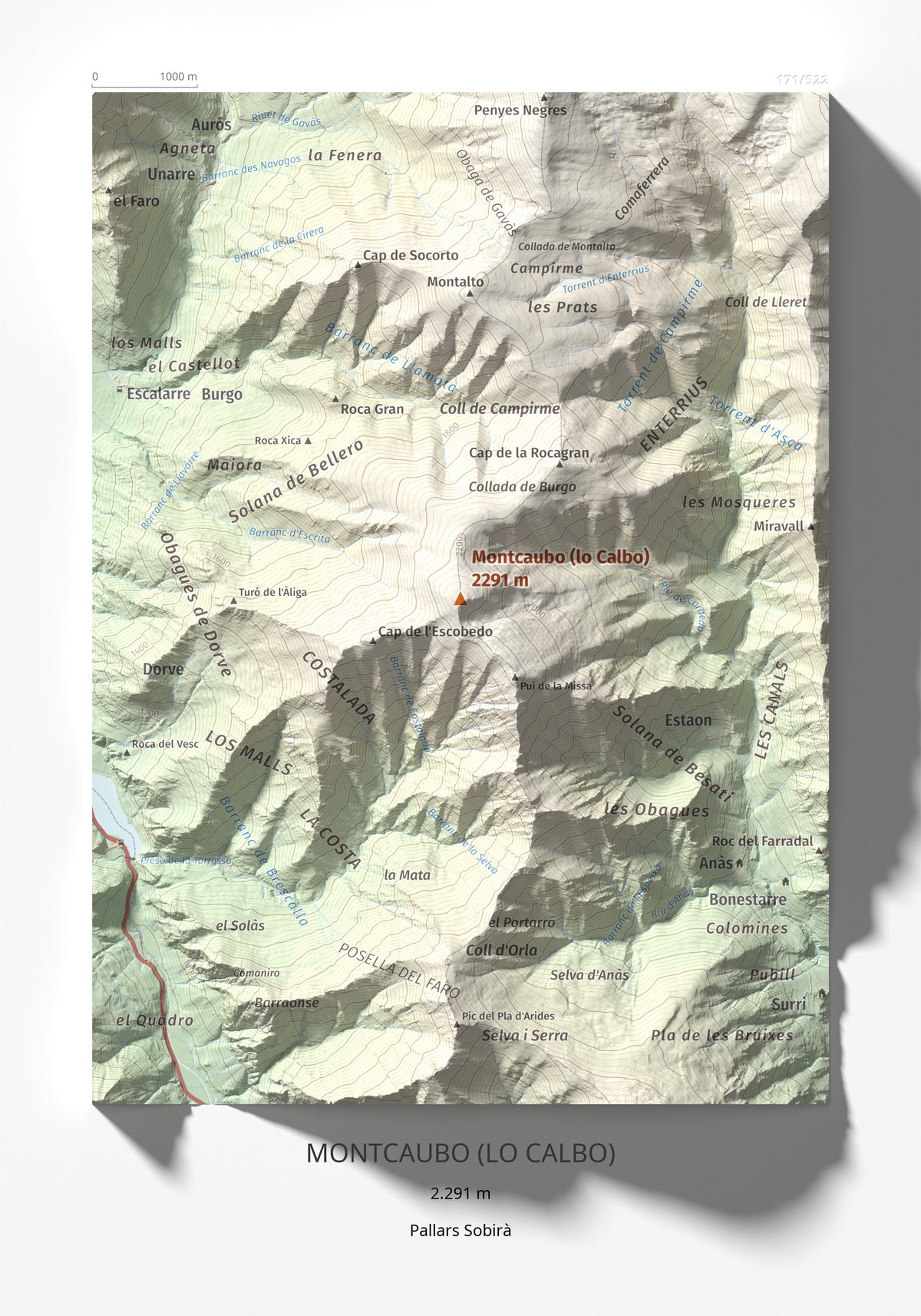Mapa de relieve de Montcaubo (lo Calbo), 2291 m, Pallars Sobirà, lámina 100 Cims de Trobart 21 × 30 cm.