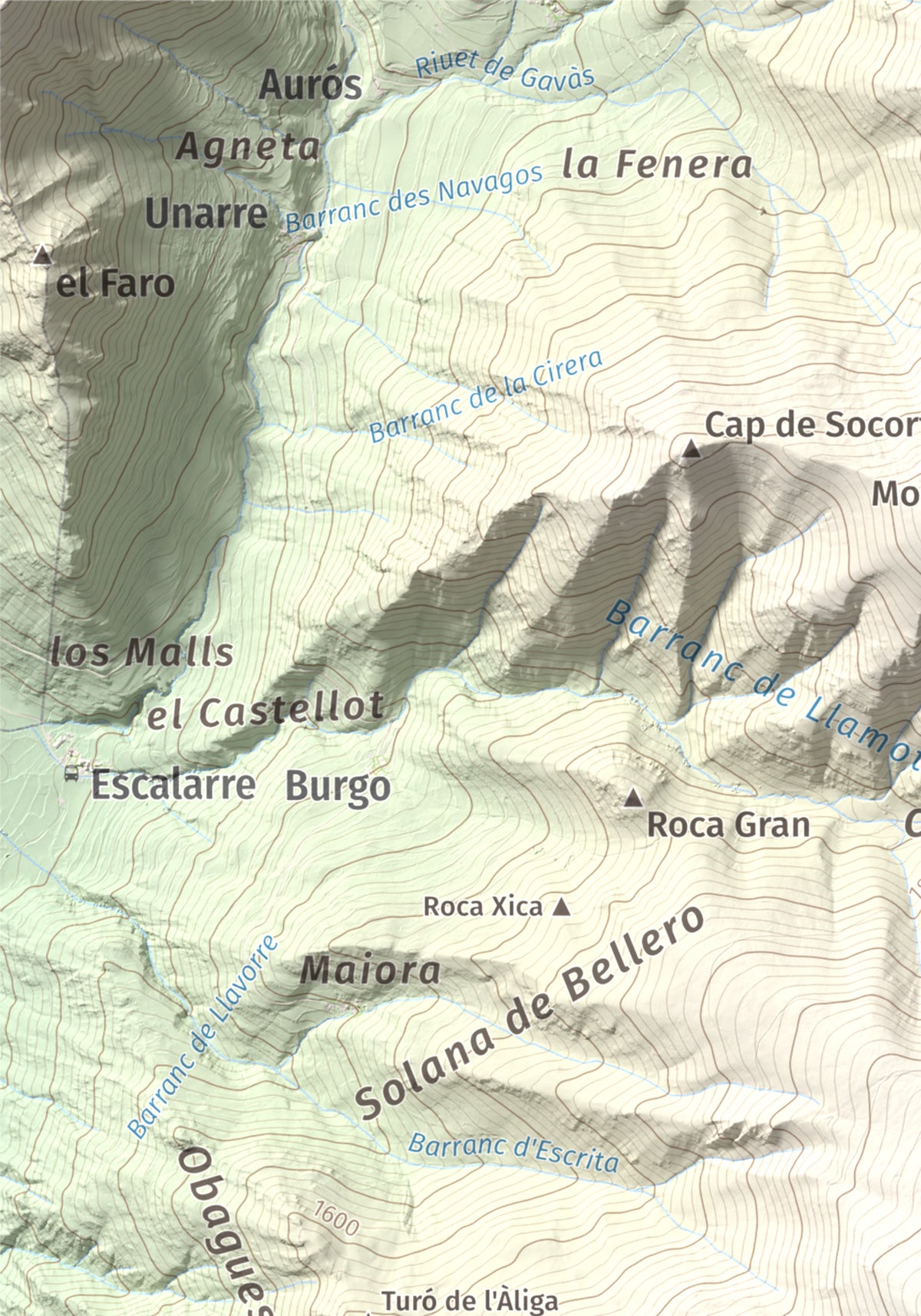 Mapa de relieve de Montcaubo (lo Calbo), 2291 m, Pallars Sobirà, lámina 100 Cims de Trobart. Detalle de la zona superior izquierda. 21 × 30 cm.