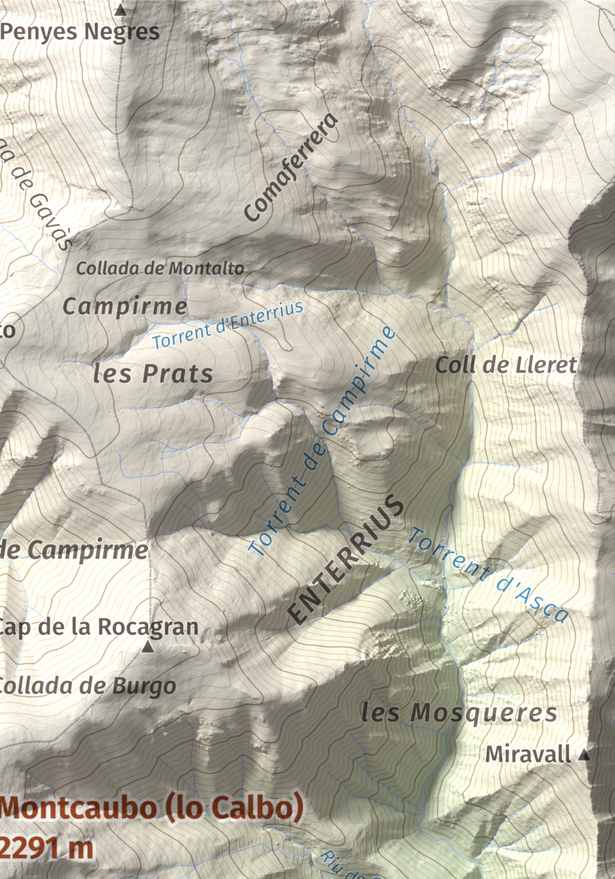 Mapa de relieve de Montcaubo (lo Calbo), 2291 m, Pallars Sobirà, lámina 100 Cims de Trobart. Detalle de la zona superior derecha. 21 × 30 cm.