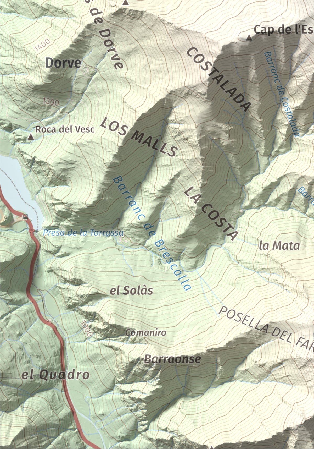 Mapa de relieve de Montcaubo (lo Calbo), 2291 m, Pallars Sobirà, lámina 100 Cims de Trobart. Detalle de la zona inferior izquierda. 21 × 30 cm.