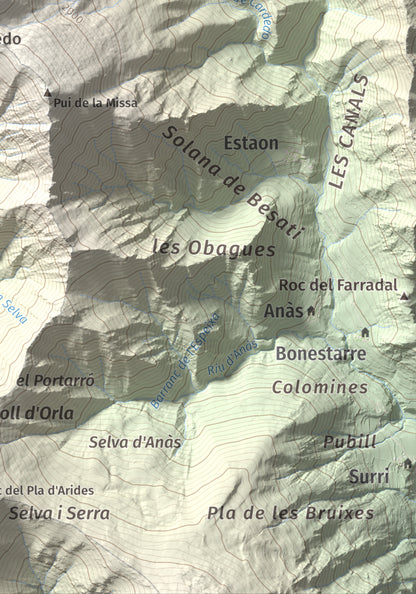 Mapa de relieve de Montcaubo (lo Calbo), 2291 m, Pallars Sobirà, lámina 100 Cims de Trobart. Detalle de la zona inferior derecha. 21 × 30 cm.