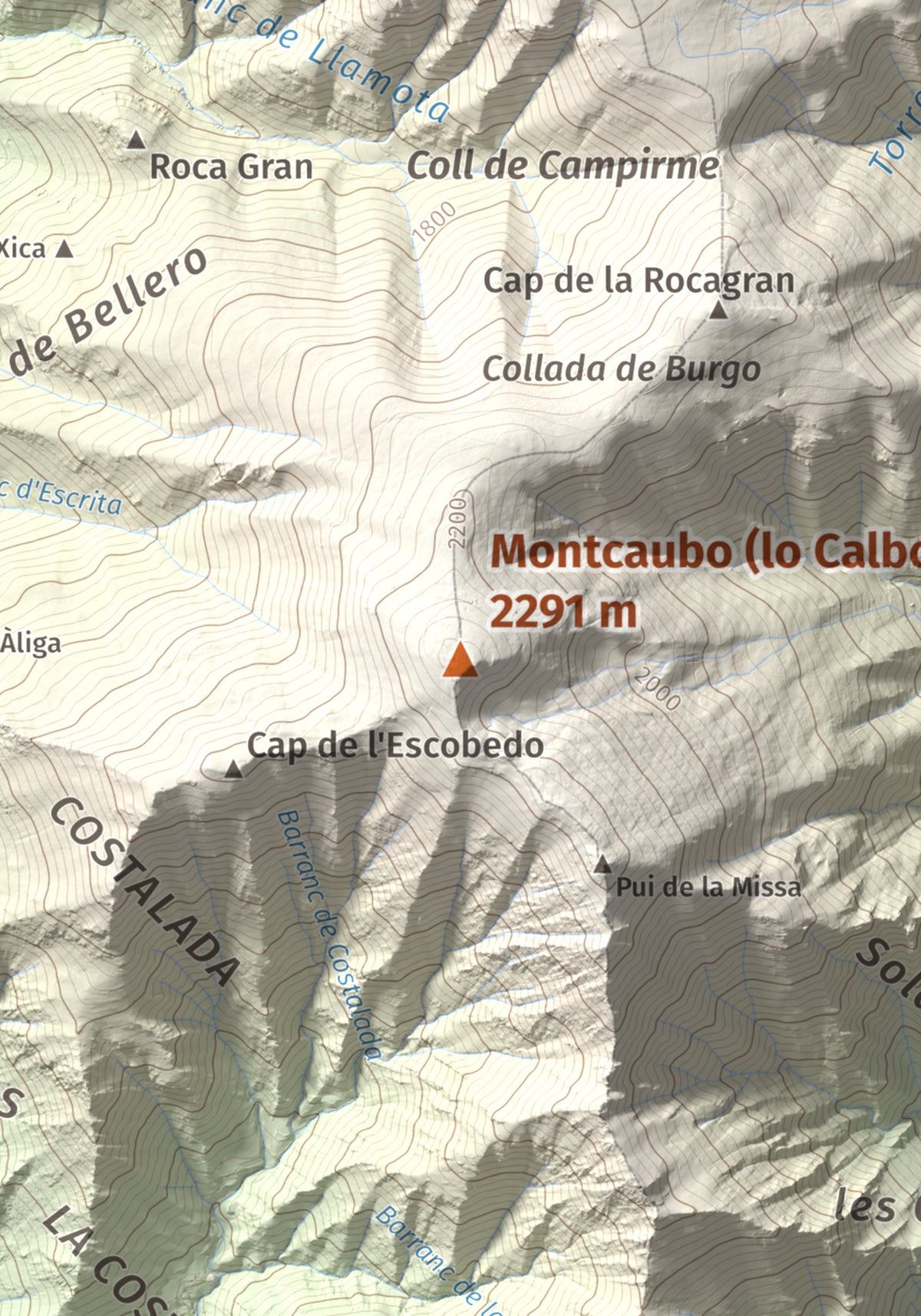 Mapa de relieve de Montcaubo (lo Calbo), 2291 m, Pallars Sobirà, lámina 100 Cims de Trobart. Detalle de la zona central. 21 × 30 cm.