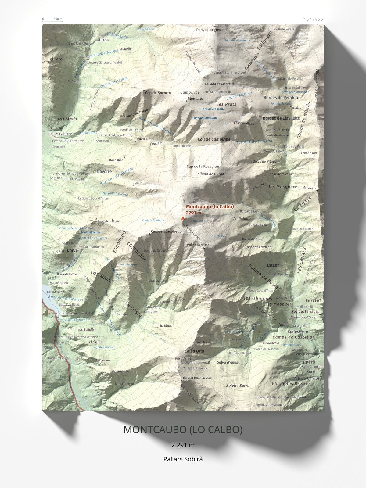 Mapa de relieve de Montcaubo (lo Calbo), 2291 m, Pallars Sobirà, lámina 100 Cims de Trobart 30 × 40 cm.