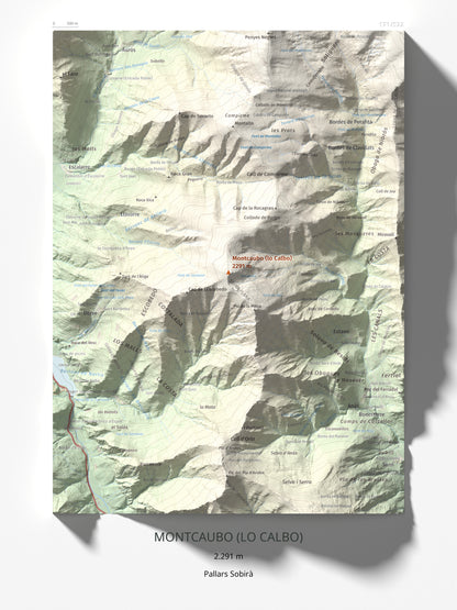Mapa de relieve de Montcaubo (lo Calbo), 2291 m, Pallars Sobirà, lámina 100 Cims de Trobart 30 × 40 cm.