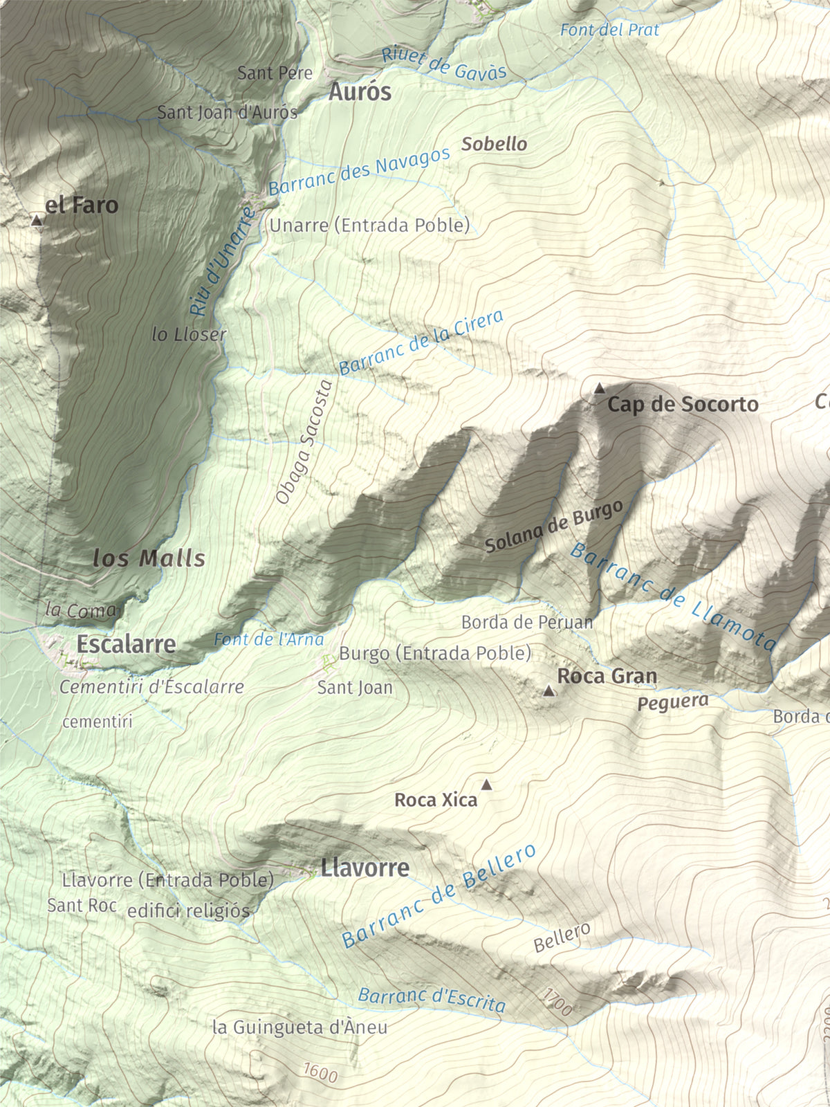 Mapa de relieve de Montcaubo (lo Calbo), 2291 m, Pallars Sobirà, lámina 100 Cims de Trobart. Detalle de la zona superior izquierda. 30 × 40 cm.