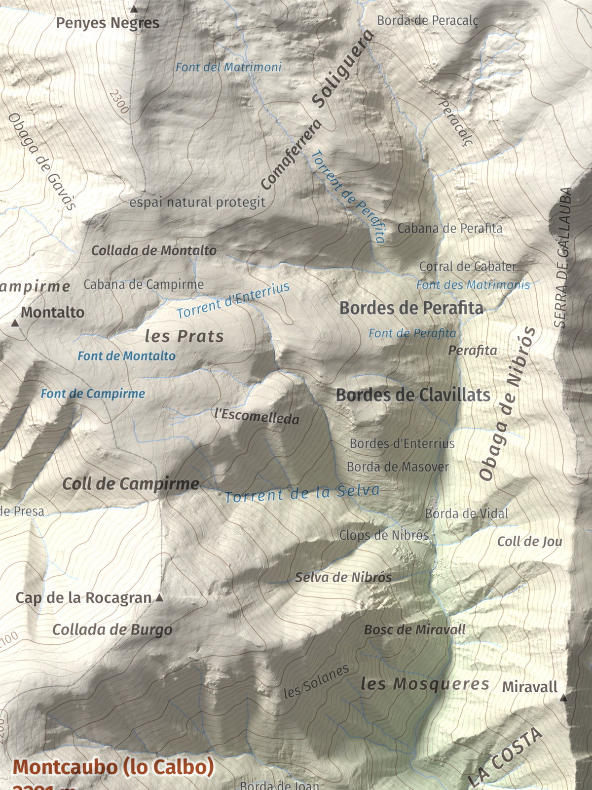 Mapa de relieve de Montcaubo (lo Calbo), 2291 m, Pallars Sobirà, lámina 100 Cims de Trobart. Detalle de la zona superior derecha. 30 × 40 cm.