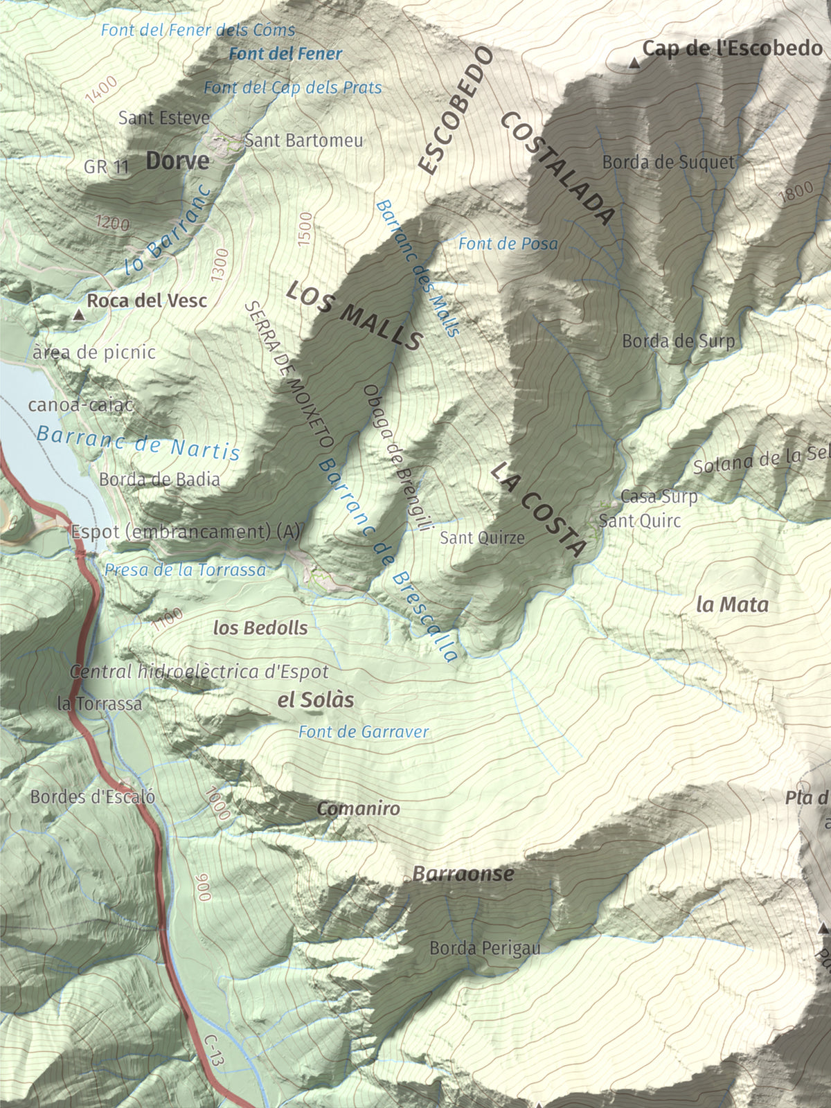 Mapa de relieve de Montcaubo (lo Calbo), 2291 m, Pallars Sobirà, lámina 100 Cims de Trobart. Detalle de la zona inferior izquierda. 30 × 40 cm.