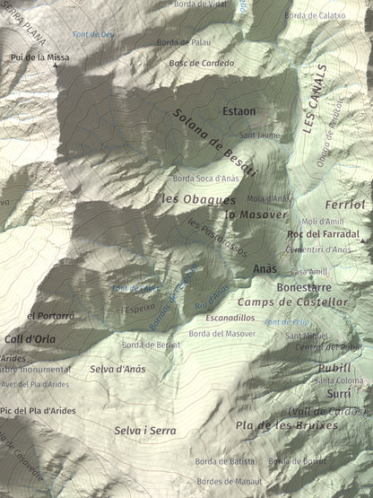 Mapa de relieve de Montcaubo (lo Calbo), 2291 m, Pallars Sobirà, lámina 100 Cims de Trobart. Detalle de la zona inferior derecha. 30 × 40 cm.