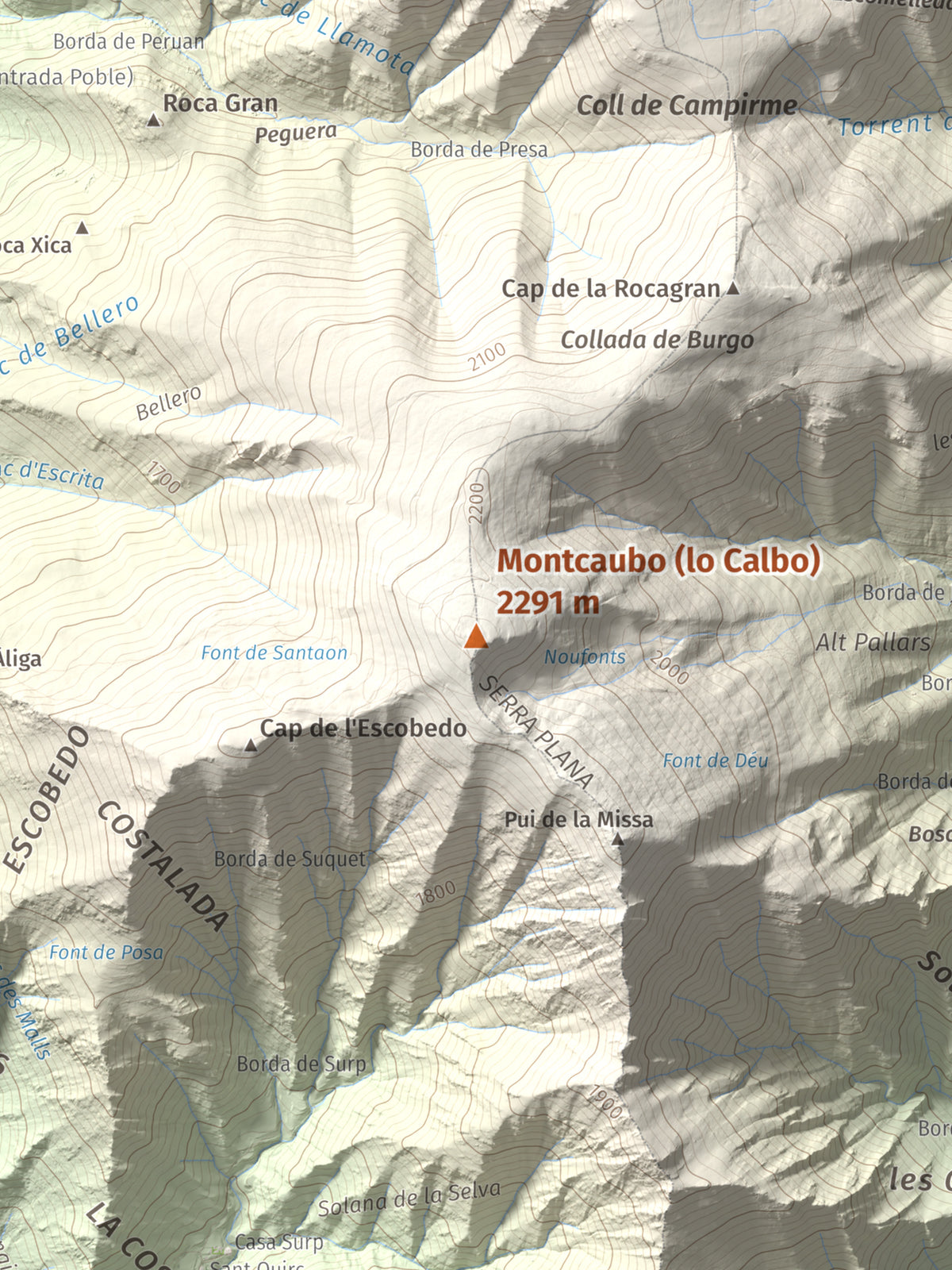 Mapa de relieve de Montcaubo (lo Calbo), 2291 m, Pallars Sobirà, lámina 100 Cims de Trobart. Detalle de la zona central. 30 × 40 cm.