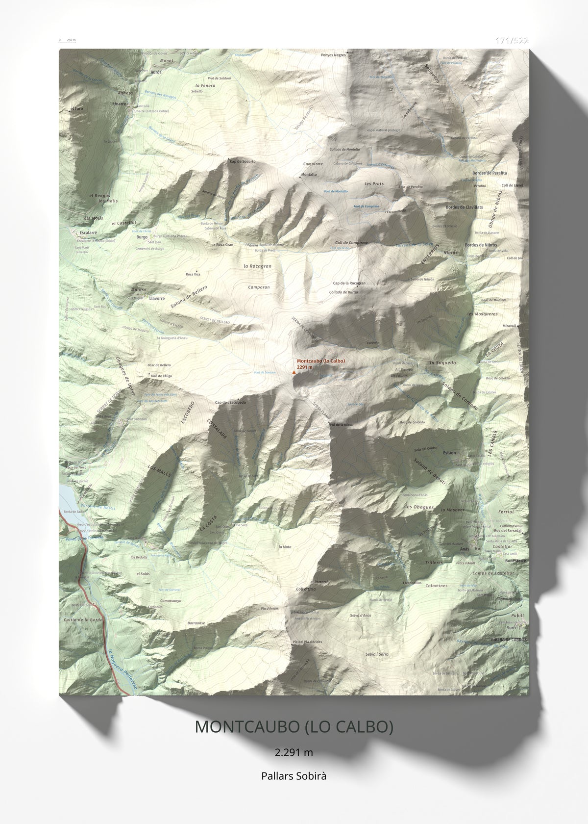 Mapa de relieve de Montcaubo (lo Calbo), 2291 m, Pallars Sobirà, lámina 100 Cims de Trobart 50 × 70 cm.
