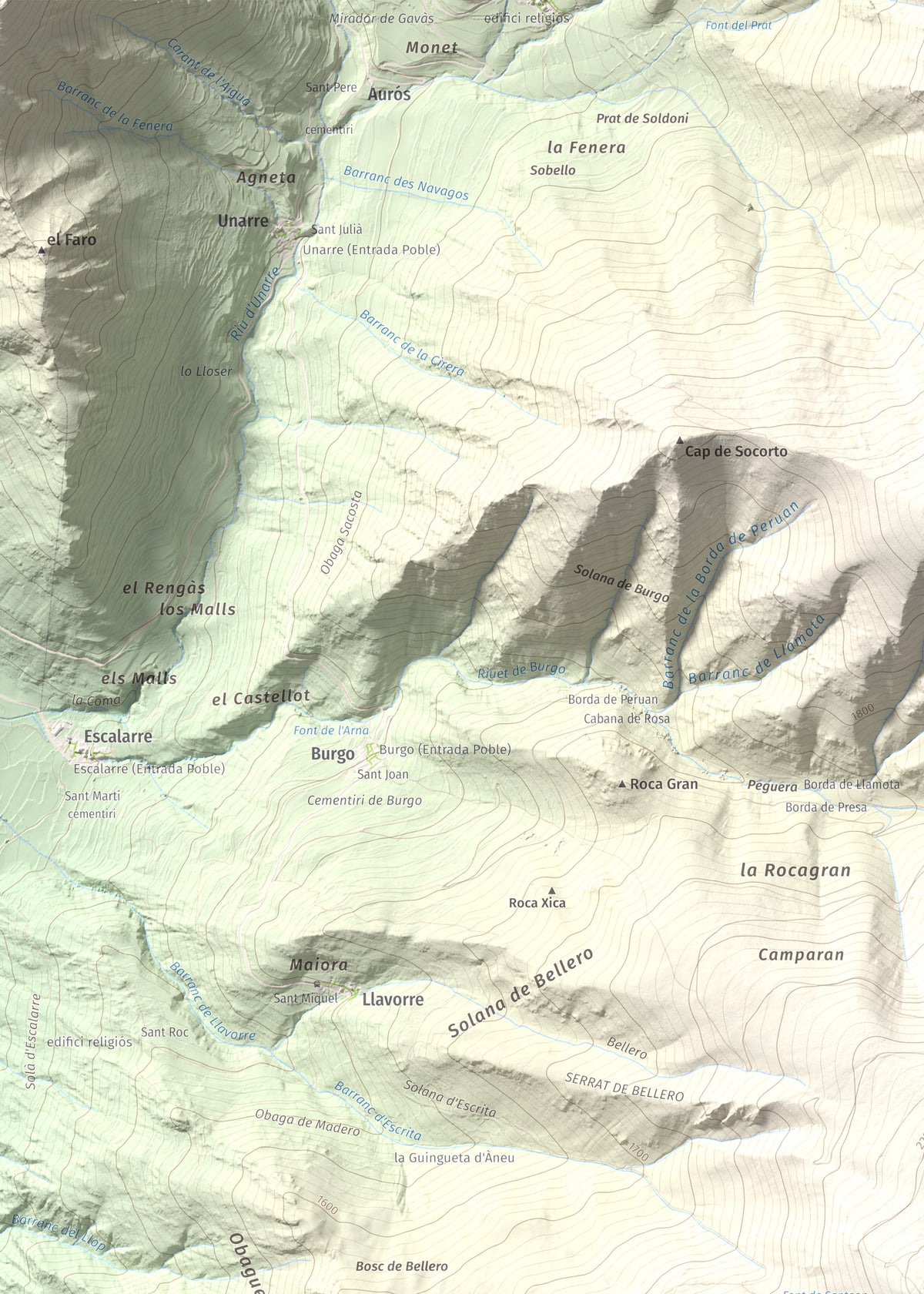 Mapa de relieve de Montcaubo (lo Calbo), 2291 m, Pallars Sobirà, lámina 100 Cims de Trobart. Detalle de la zona superior izquierda. 50 × 70 cm.