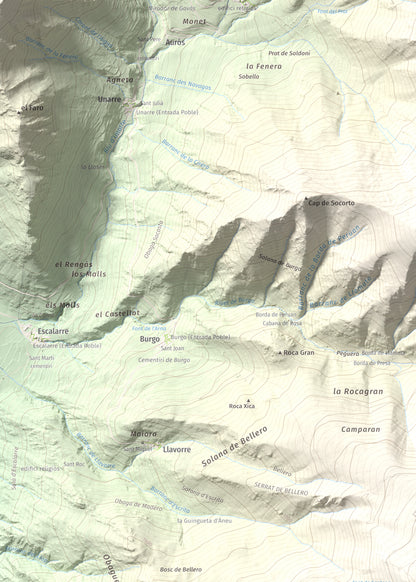 Mapa de relieve de Montcaubo (lo Calbo), 2291 m, Pallars Sobirà, lámina 100 Cims de Trobart. Detalle de la zona superior izquierda. 50 × 70 cm.