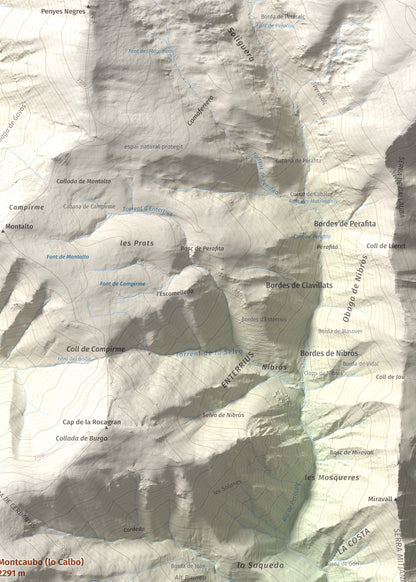 Mapa de relieve de Montcaubo (lo Calbo), 2291 m, Pallars Sobirà, lámina 100 Cims de Trobart. Detalle de la zona superior derecha. 50 × 70 cm.