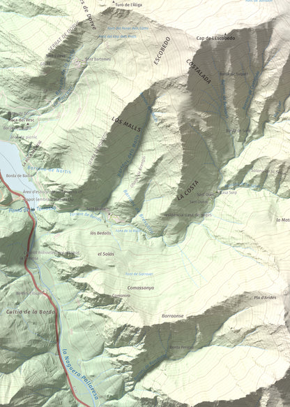 Mapa de relieve de Montcaubo (lo Calbo), 2291 m, Pallars Sobirà, lámina 100 Cims de Trobart. Detalle de la zona inferior izquierda. 50 × 70 cm.