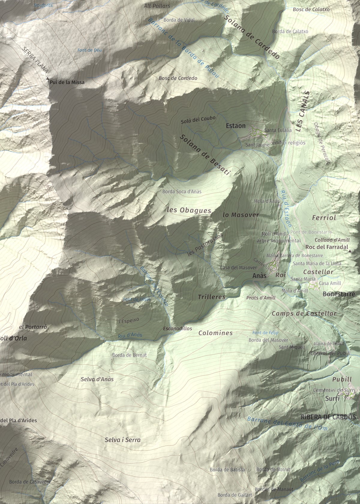 Mapa de relieve de Montcaubo (lo Calbo), 2291 m, Pallars Sobirà, lámina 100 Cims de Trobart. Detalle de la zona inferior derecha. 50 × 70 cm.