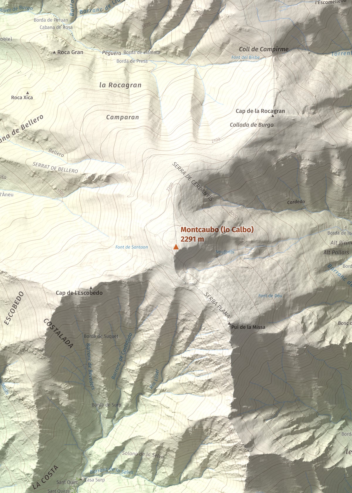 Mapa de relieve de Montcaubo (lo Calbo), 2291 m, Pallars Sobirà, lámina 100 Cims de Trobart. Detalle de la zona central. 50 × 70 cm.