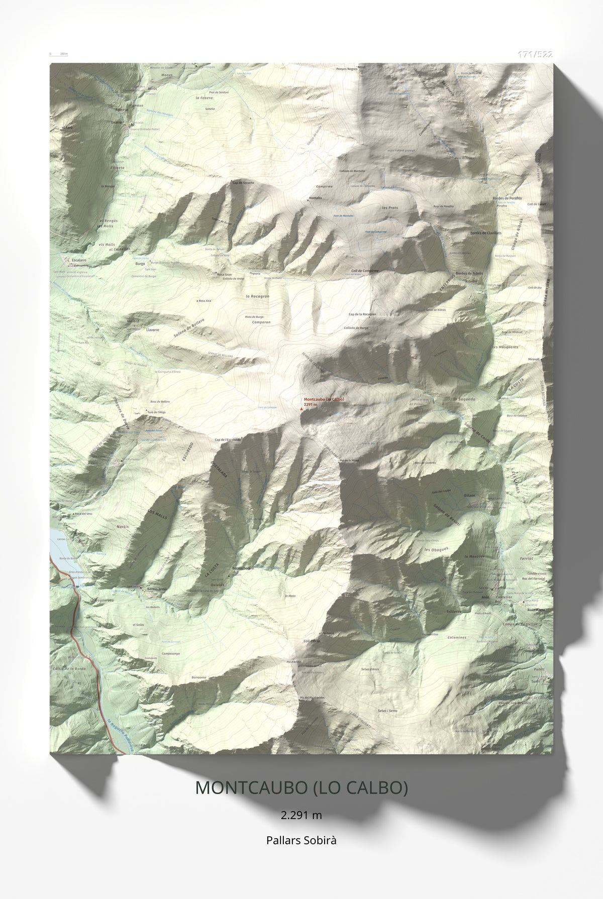 Mapa de relieve de Montcaubo (lo Calbo), 2291 m, Pallars Sobirà, lámina 100 Cims de Trobart 61 × 91 cm.