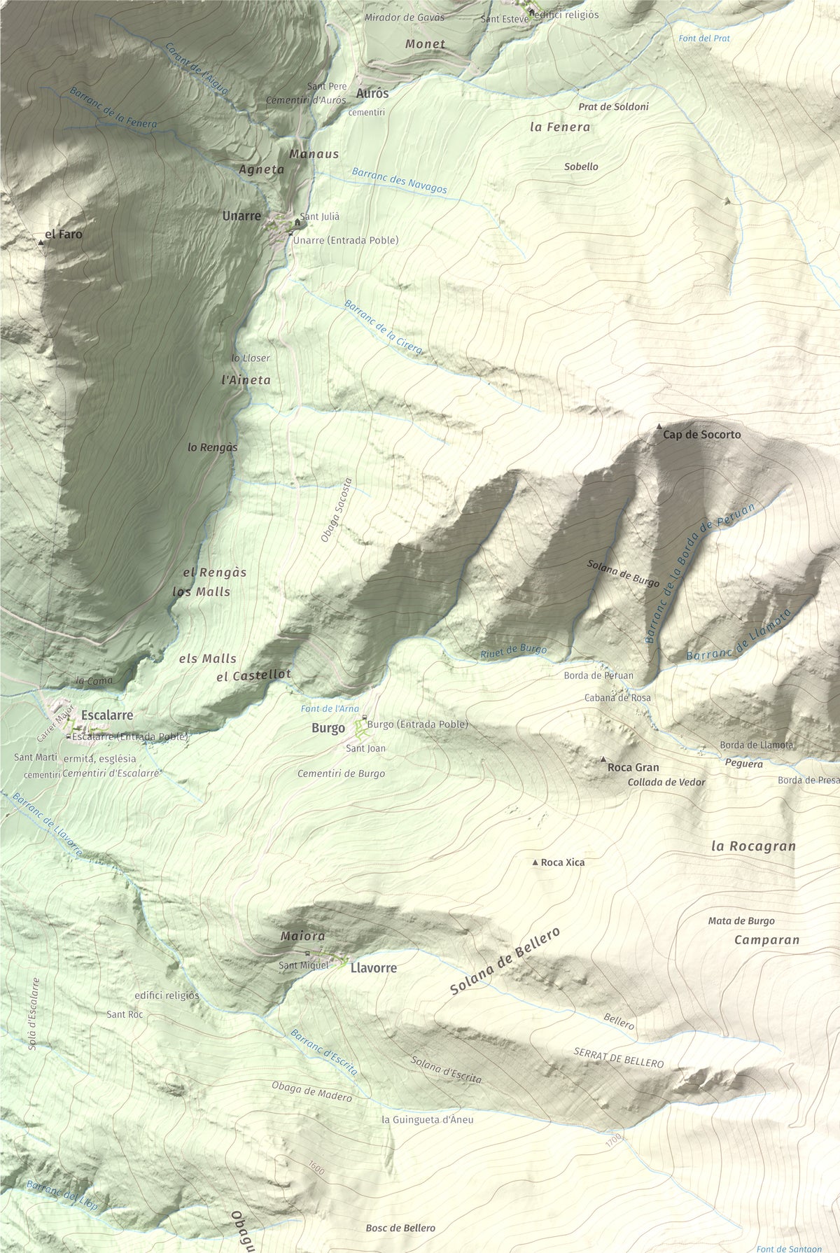Mapa de relieve de Montcaubo (lo Calbo), 2291 m, Pallars Sobirà, lámina 100 Cims de Trobart. Detalle de la zona superior izquierda. 61 × 91 cm.