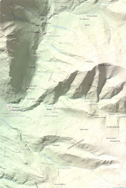 Mapa de relieve de Montcaubo (lo Calbo), 2291 m, Pallars Sobirà, lámina 100 Cims de Trobart. Detalle de la zona superior izquierda. 61 × 91 cm.