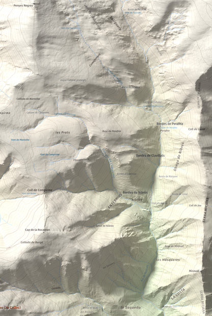 Mapa de relieve de Montcaubo (lo Calbo), 2291 m, Pallars Sobirà, lámina 100 Cims de Trobart. Detalle de la zona superior derecha. 61 × 91 cm.