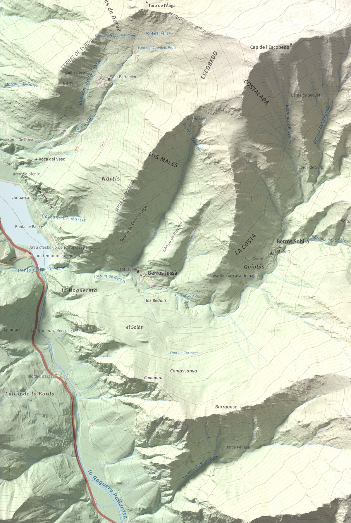 Mapa de relieve de Montcaubo (lo Calbo), 2291 m, Pallars Sobirà, lámina 100 Cims de Trobart. Detalle de la zona inferior izquierda. 61 × 91 cm.
