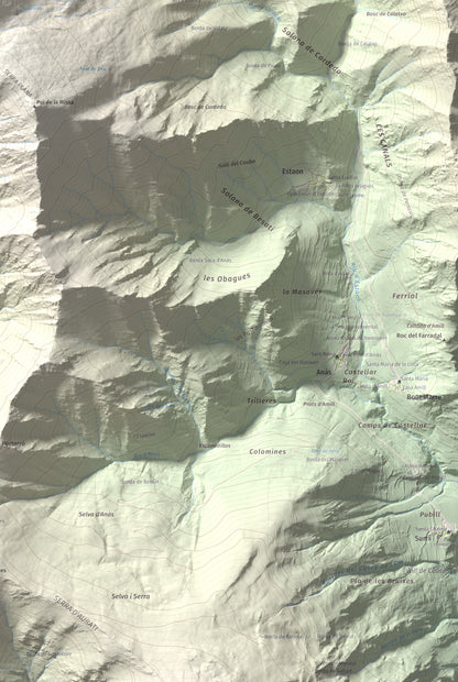 Mapa de relieve de Montcaubo (lo Calbo), 2291 m, Pallars Sobirà, lámina 100 Cims de Trobart. Detalle de la zona inferior derecha. 61 × 91 cm.