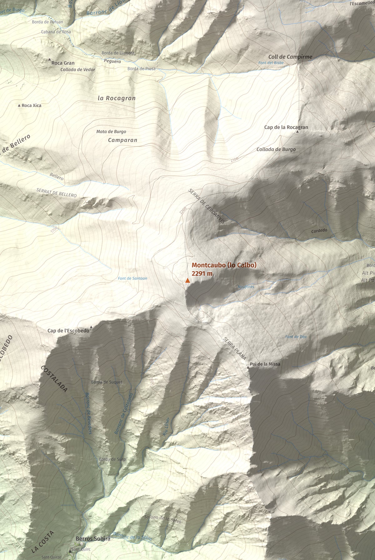 Mapa de relieve de Montcaubo (lo Calbo), 2291 m, Pallars Sobirà, lámina 100 Cims de Trobart. Detalle de la zona central. 61 × 91 cm.