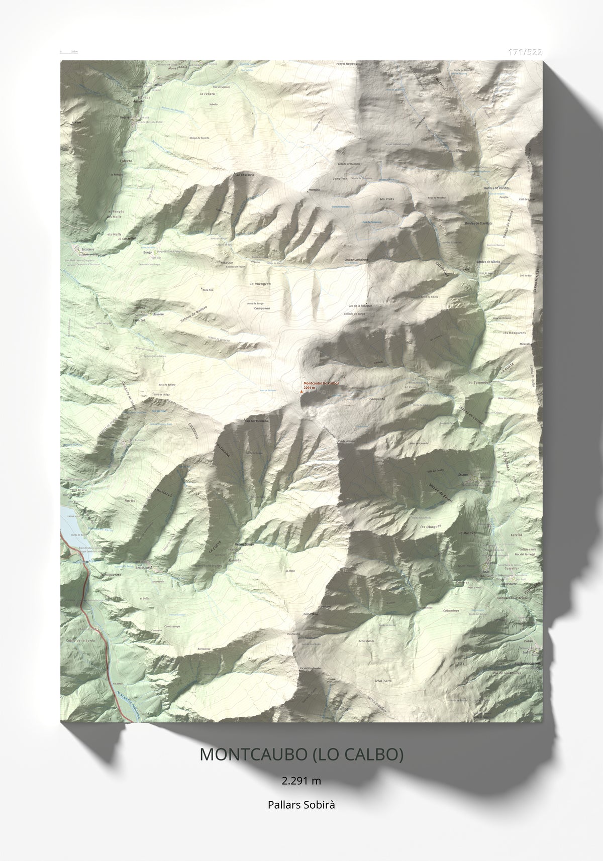 Mapa de relieve de Montcaubo (lo Calbo), 2291 m, Pallars Sobirà, lámina 100 Cims de Trobart 70 × 100 cm.