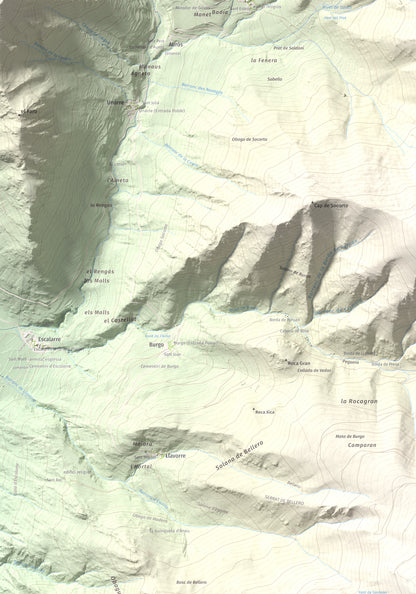 Mapa de relieve de Montcaubo (lo Calbo), 2291 m, Pallars Sobirà, lámina 100 Cims de Trobart. Detalle de la zona superior izquierda. 70 × 100 cm.