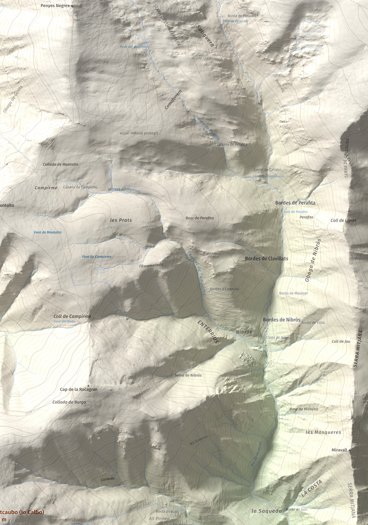 Mapa de relieve de Montcaubo (lo Calbo), 2291 m, Pallars Sobirà, lámina 100 Cims de Trobart. Detalle de la zona superior derecha. 70 × 100 cm.