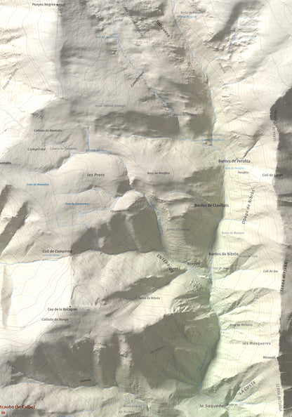 Mapa de relieve de Montcaubo (lo Calbo), 2291 m, Pallars Sobirà, lámina 100 Cims de Trobart. Detalle de la zona superior derecha. 70 × 100 cm.