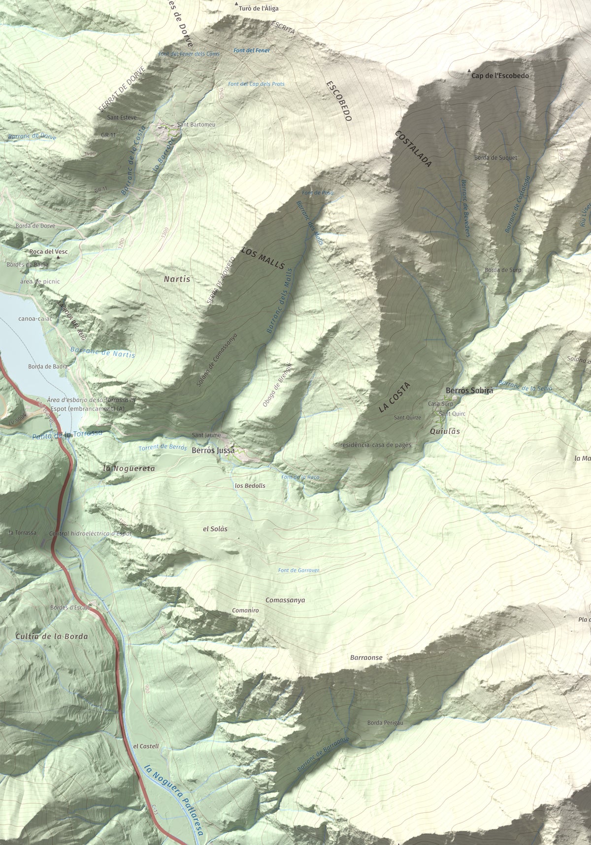 Mapa de relieve de Montcaubo (lo Calbo), 2291 m, Pallars Sobirà, lámina 100 Cims de Trobart. Detalle de la zona inferior izquierda. 70 × 100 cm.