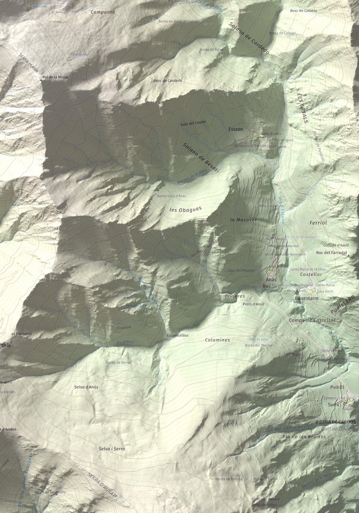 Mapa de relieve de Montcaubo (lo Calbo), 2291 m, Pallars Sobirà, lámina 100 Cims de Trobart. Detalle de la zona inferior derecha. 70 × 100 cm.