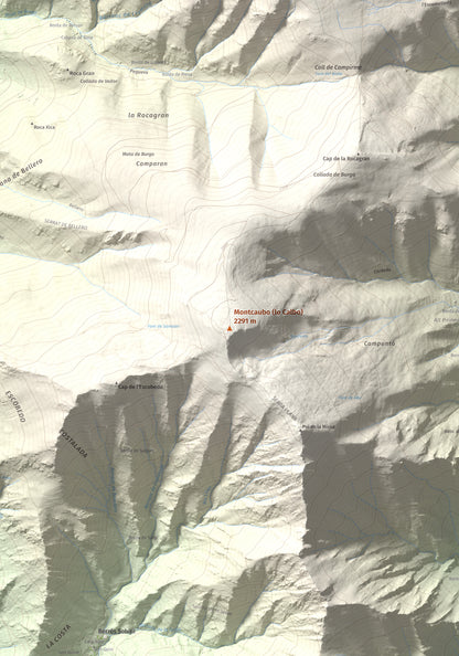 Mapa de relieve de Montcaubo (lo Calbo), 2291 m, Pallars Sobirà, lámina 100 Cims de Trobart. Detalle de la zona central. 70 × 100 cm.