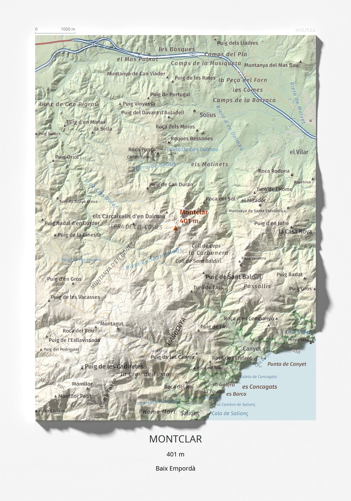 Mapa de relieve de Montclar, 401 m, Baix Empordà, lámina 100 Cims de Trobart 21 × 30 cm.