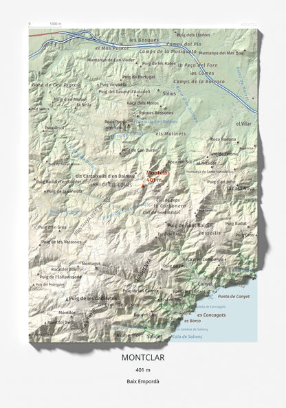 Mapa de relieve de Montclar, 401 m, Baix Empordà, lámina 100 Cims de Trobart 21 × 30 cm.