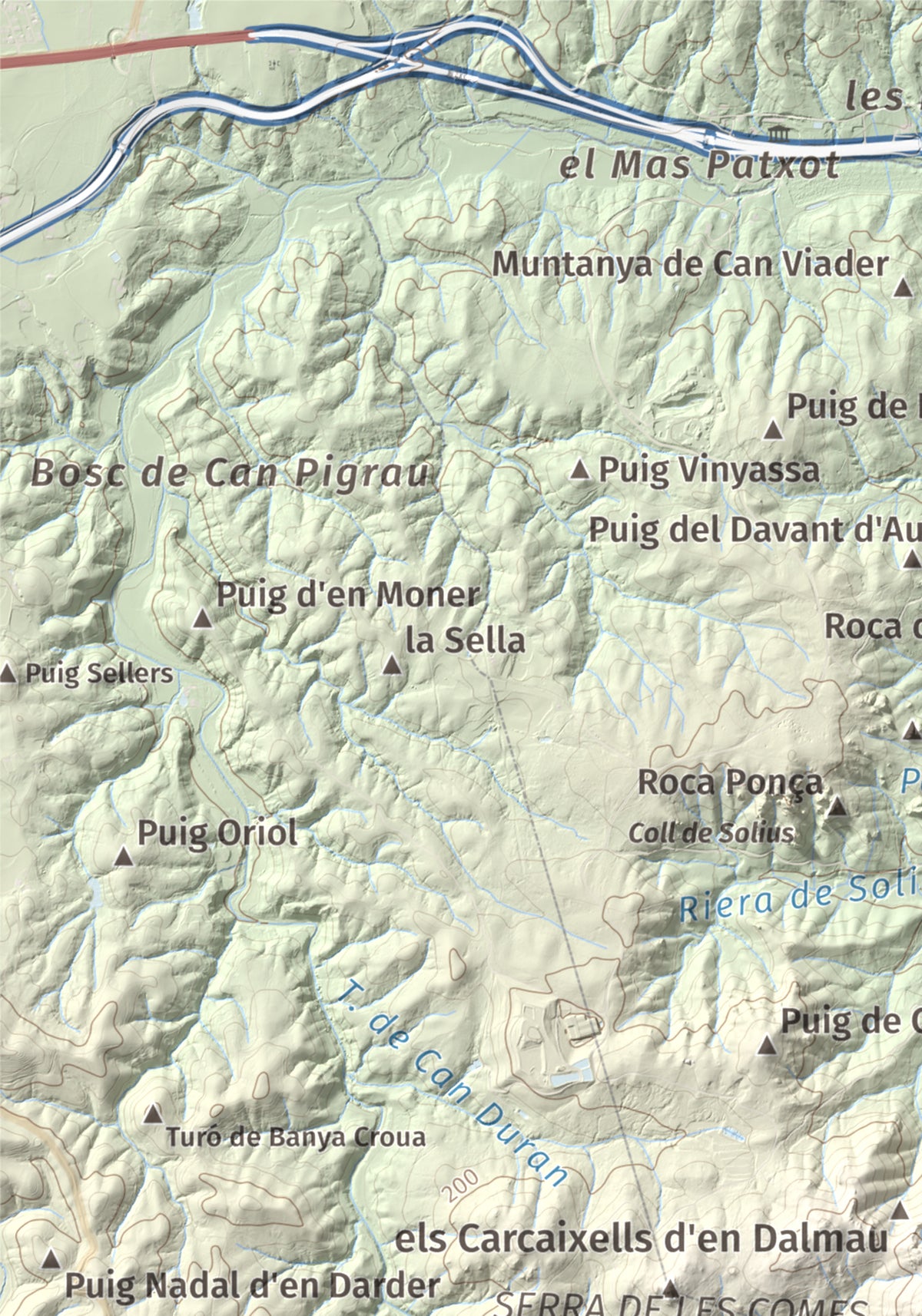 Mapa de relieve de Montclar, 401 m, Baix Empordà, lámina 100 Cims de Trobart. Detalle de la zona superior izquierda. 21 × 30 cm.