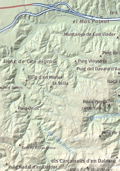 Mapa de relieve de Montclar, 401 m, Baix Empordà, lámina 100 Cims de Trobart. Detalle de la zona superior izquierda. 21 × 30 cm.