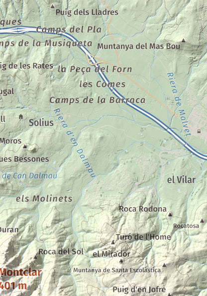 Mapa de relieve de Montclar, 401 m, Baix Empordà, lámina 100 Cims de Trobart. Detalle de la zona superior derecha. 21 × 30 cm.