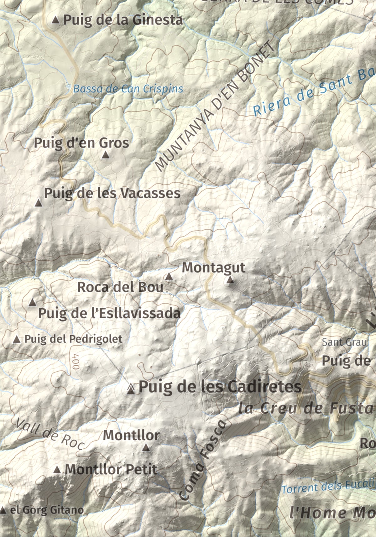 Mapa de relieve de Montclar, 401 m, Baix Empordà, lámina 100 Cims de Trobart. Detalle de la zona inferior izquierda. 21 × 30 cm.
