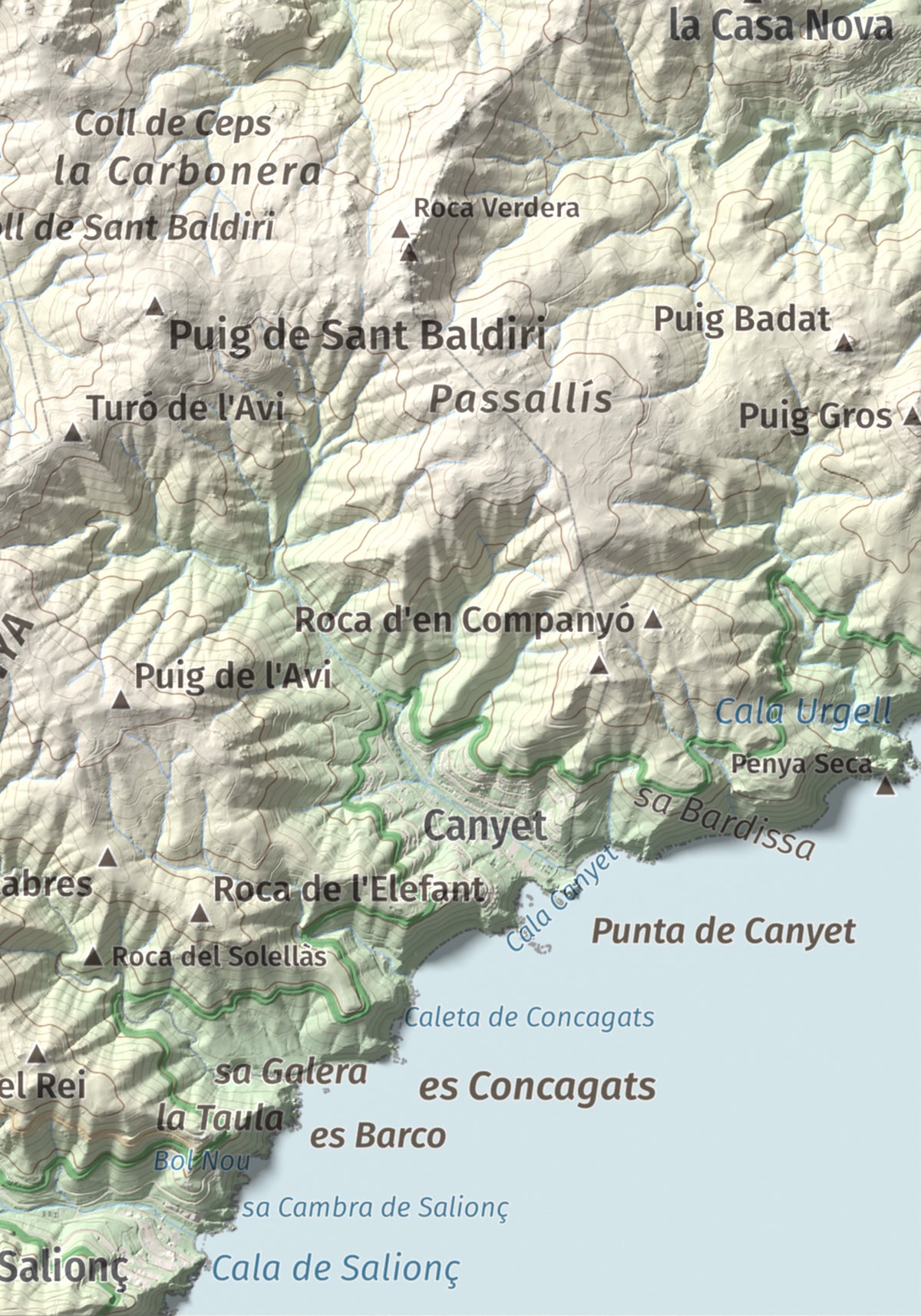 Mapa de relieve de Montclar, 401 m, Baix Empordà, lámina 100 Cims de Trobart. Detalle de la zona inferior derecha. 21 × 30 cm.
